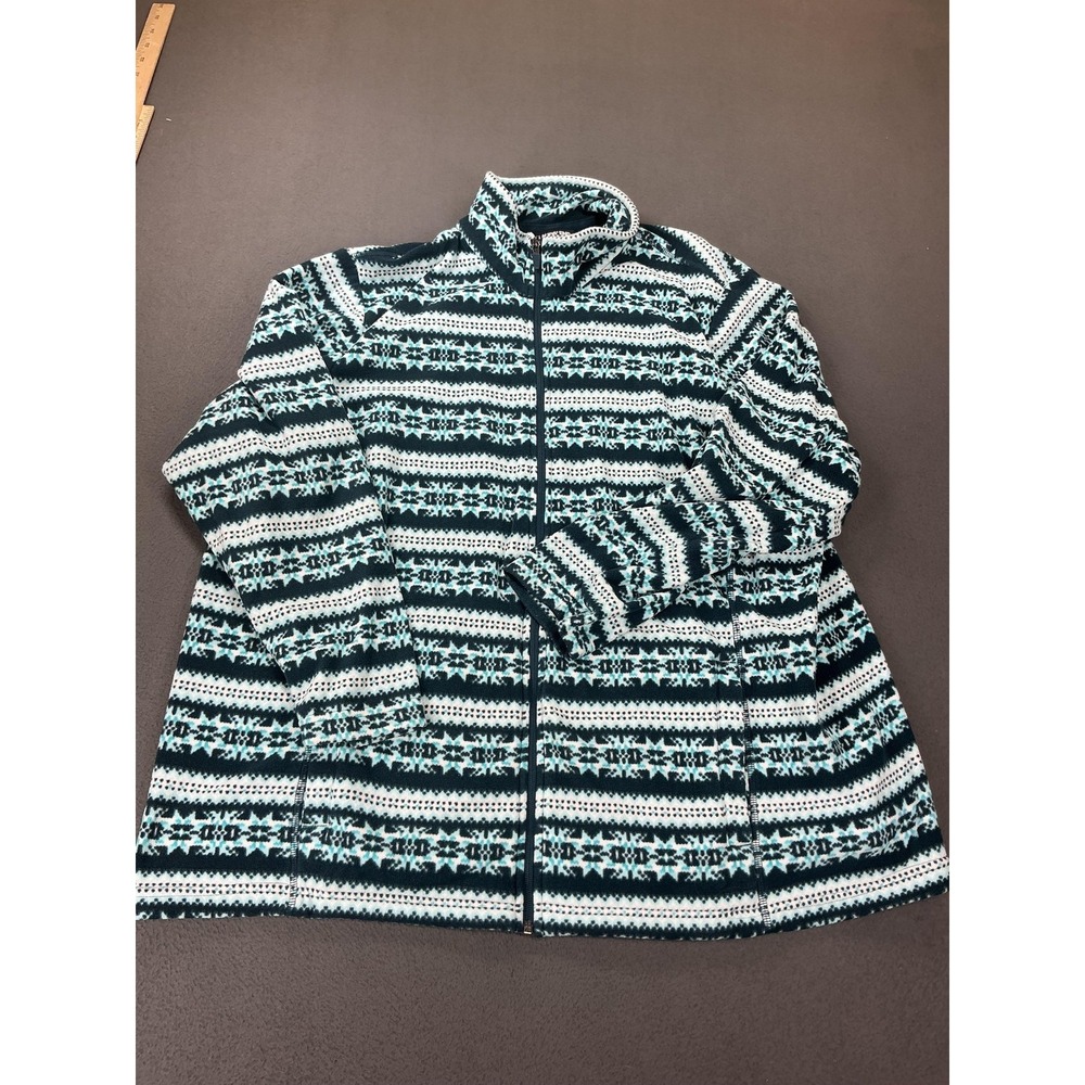 Lands' End Jacket Womens 3X Blue Fair Isle Fleece Full Zip Pockets Mid-Length